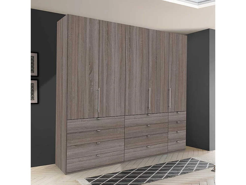 Kombi Kleiderschrank in Eiche Trüffelfarben 3 türig mit vielen Schubladen