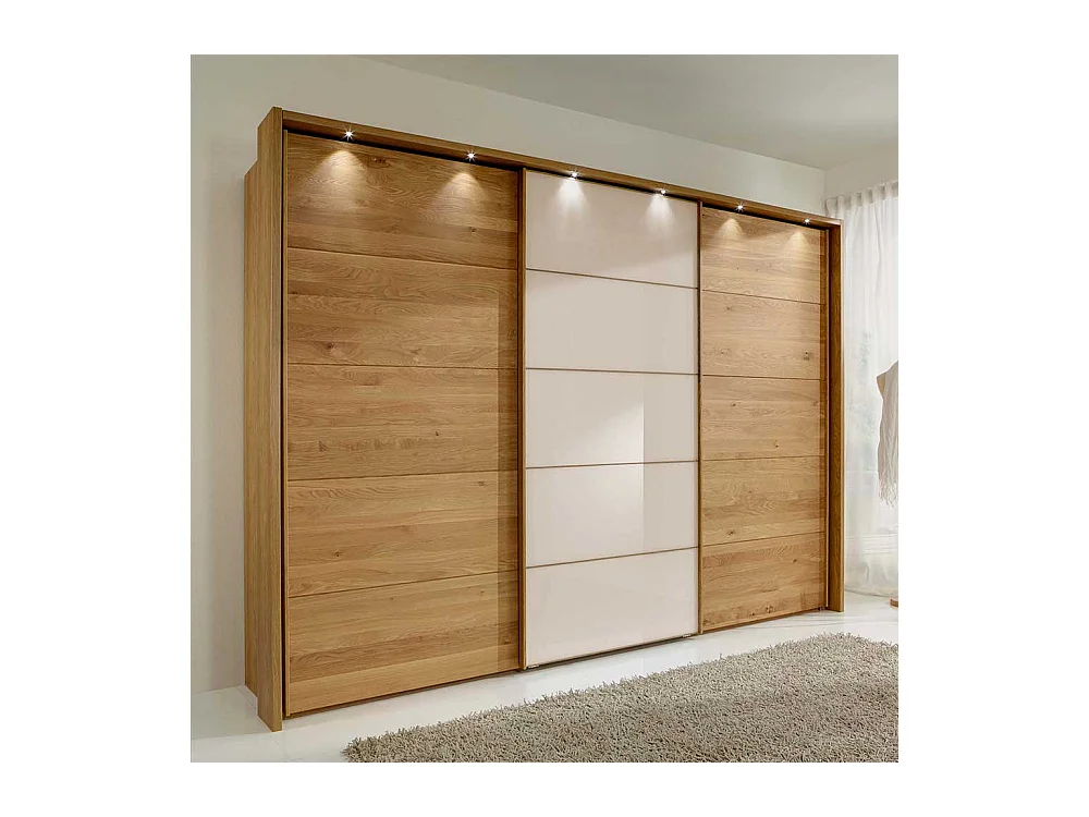 Gleittürenschrank in Beige Glas Eiche Bianco