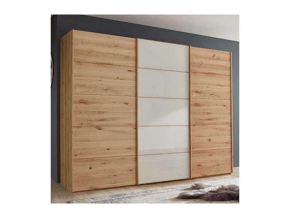 Gleittürenschrank in Beige Glas Eiche Bianco