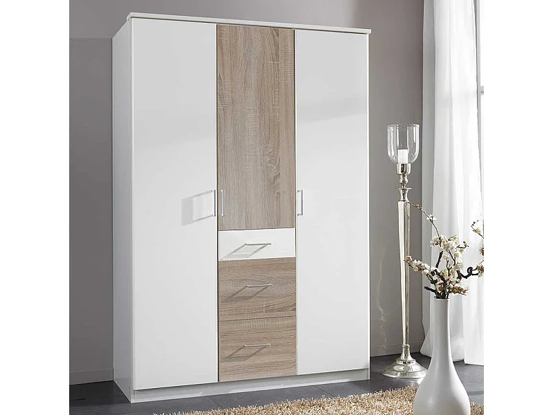 Zweifarbiger Drehtürenschrank mit drei Schubladen 135 cm breit