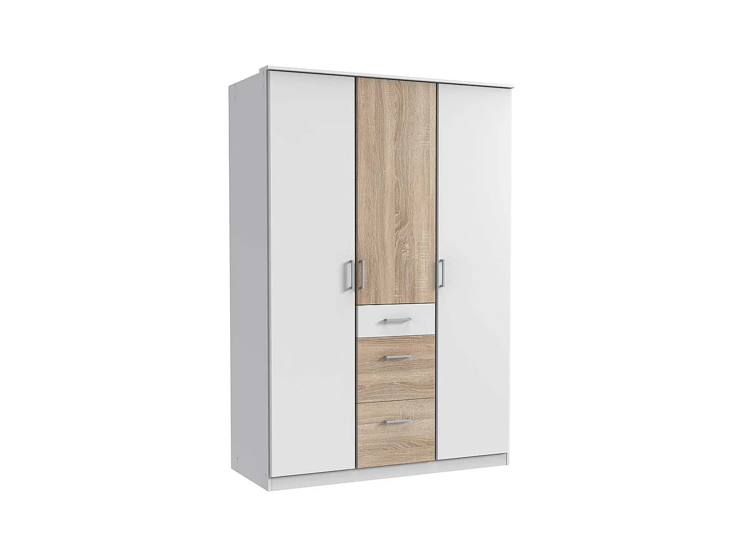 Zweifarbiger Drehtürenschrank mit drei Schubladen 135 cm breit