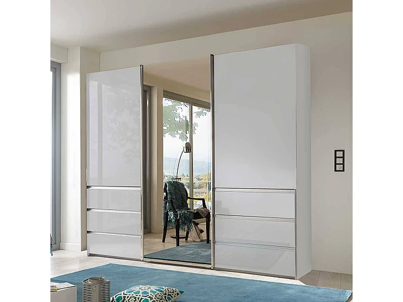 Kleiderschrank 3 Schwebetüren mit sechs Schubladen Weiß