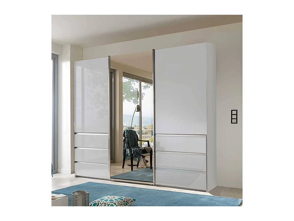 Kleiderschrank 3 Schwebetüren mit sechs Schubladen Weiß