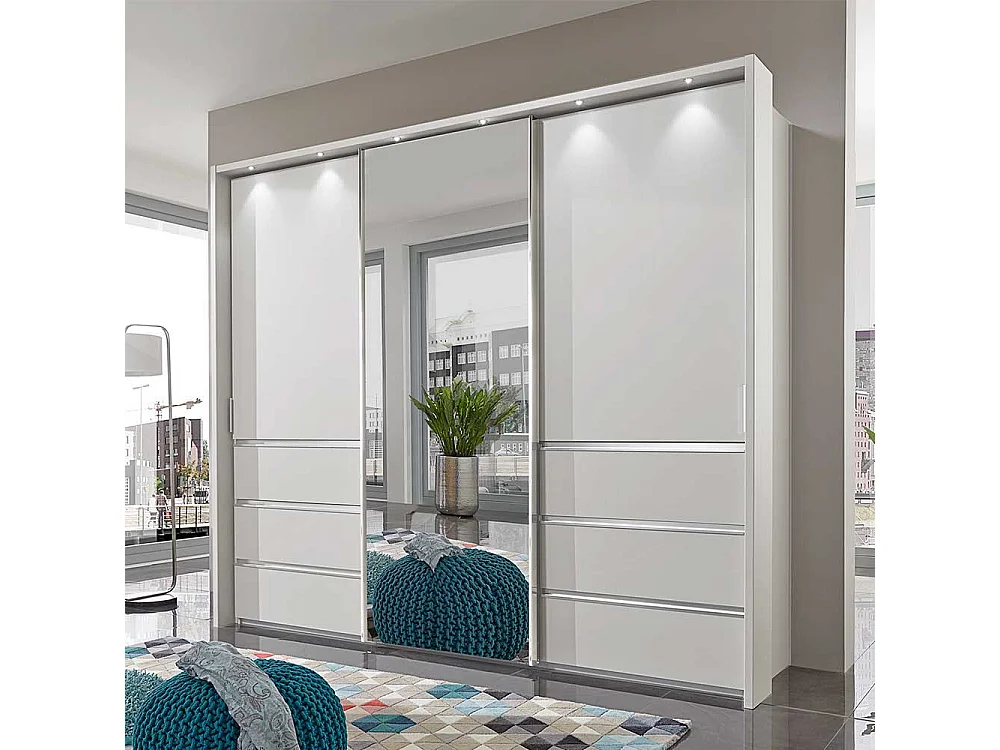 Weißer Kleiderschrank mit Schwebetüren sechs Schubladen