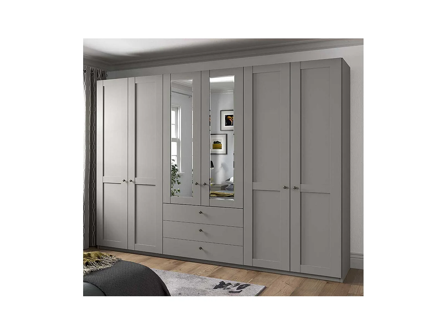 Kleiderschrank hellgrau Landhaus 300 cm breit Spiegeltüren