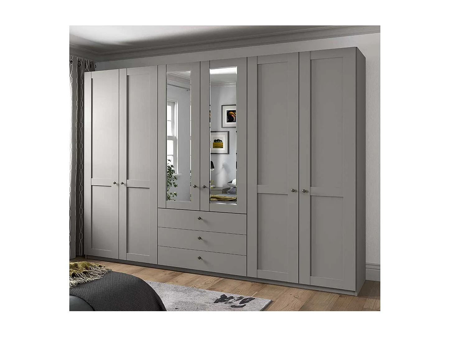 Kleiderschrank hellgrau Landhaus 300 cm breit Spiegeltüren