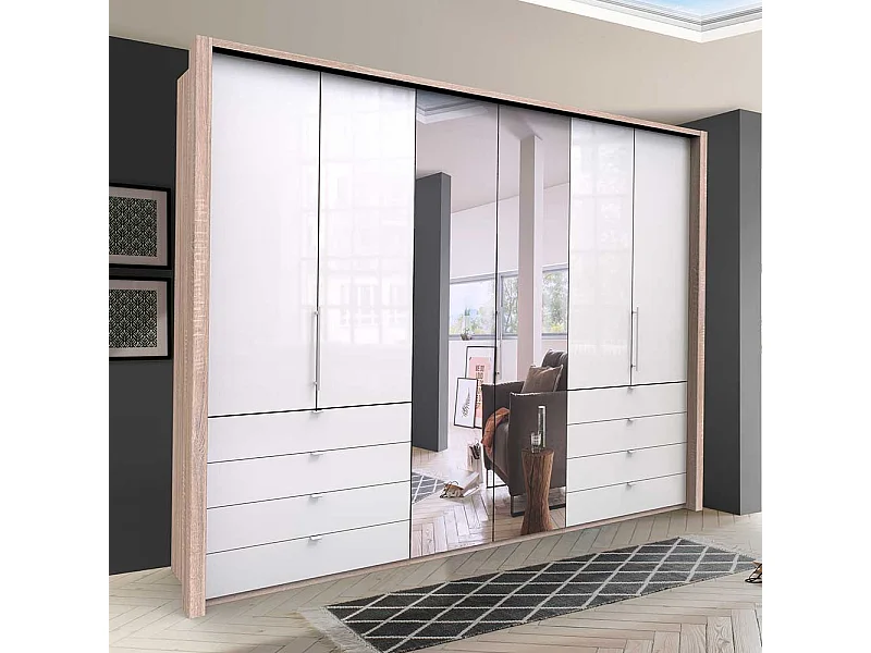 Gleittüren Schlafzimmerschrank mit Spiegel und Schubladen glasbeschichtet