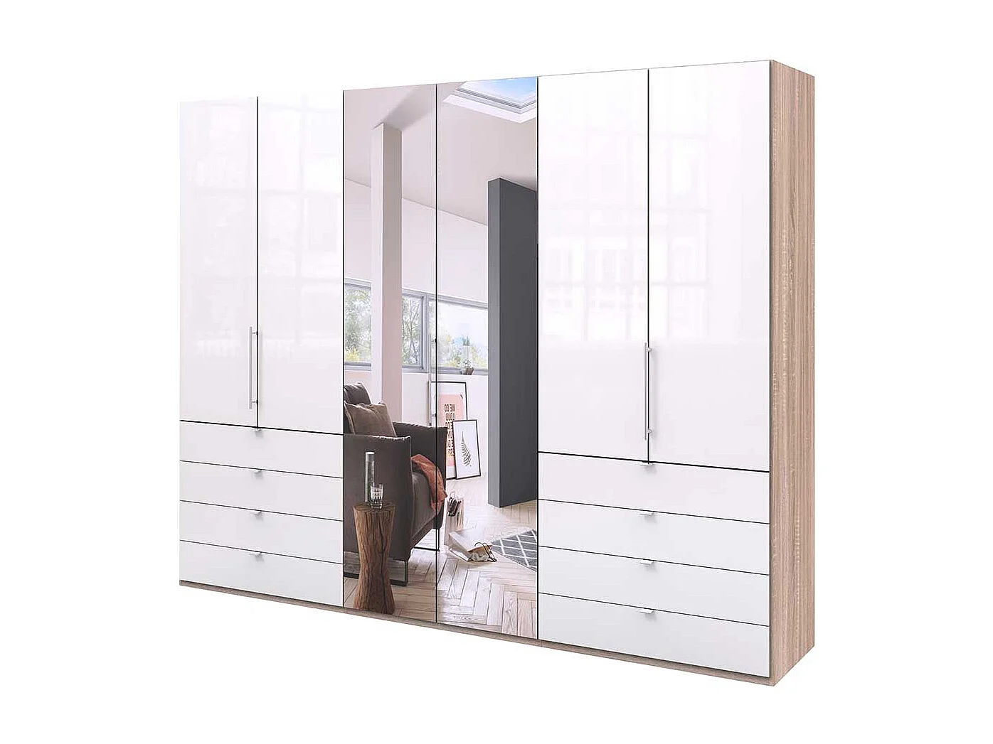 Gleittüren Schlafzimmerschrank mit Spiegel und Schubladen glasbeschichtet