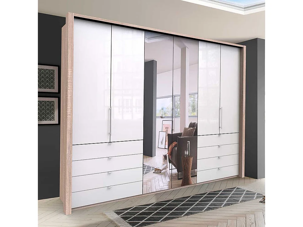 Gleittüren Schlafzimmerschrank mit Spiegel und Schubladen glasbeschichtet