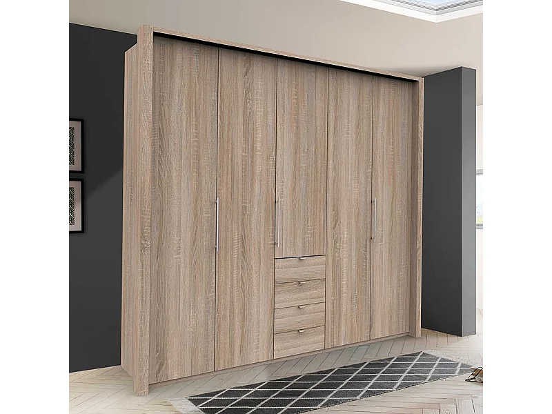 3 türiger Kleiderschrank mit vier Schubladen Eiche Sägerau