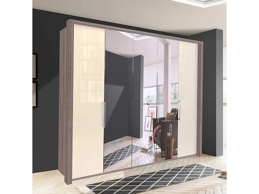 Kleiderschrank in Cremeweiß und Trüffelfarben Spiegelfront