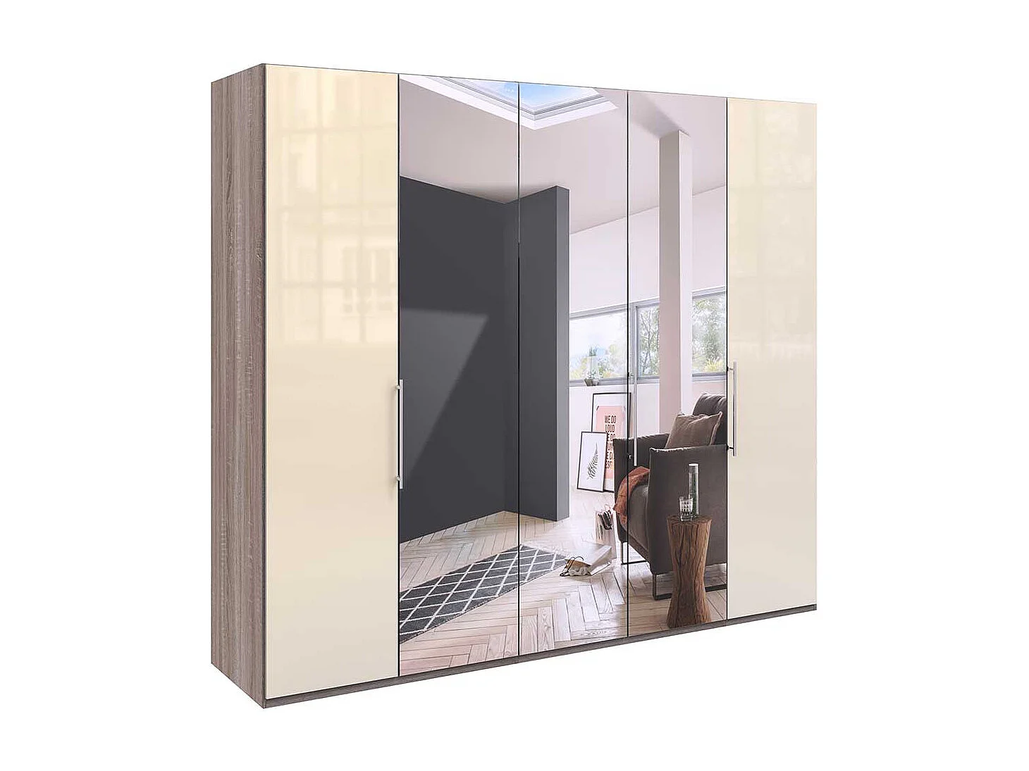 Kleiderschrank in Cremeweiß und Trüffelfarben Spiegelfront