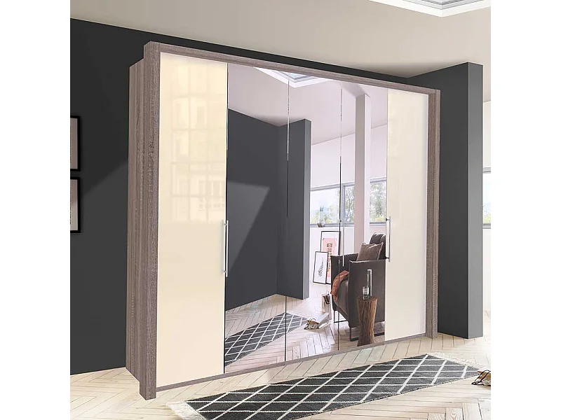 Kleiderschrank in Cremeweiß und Trüffelfarben Spiegelfront