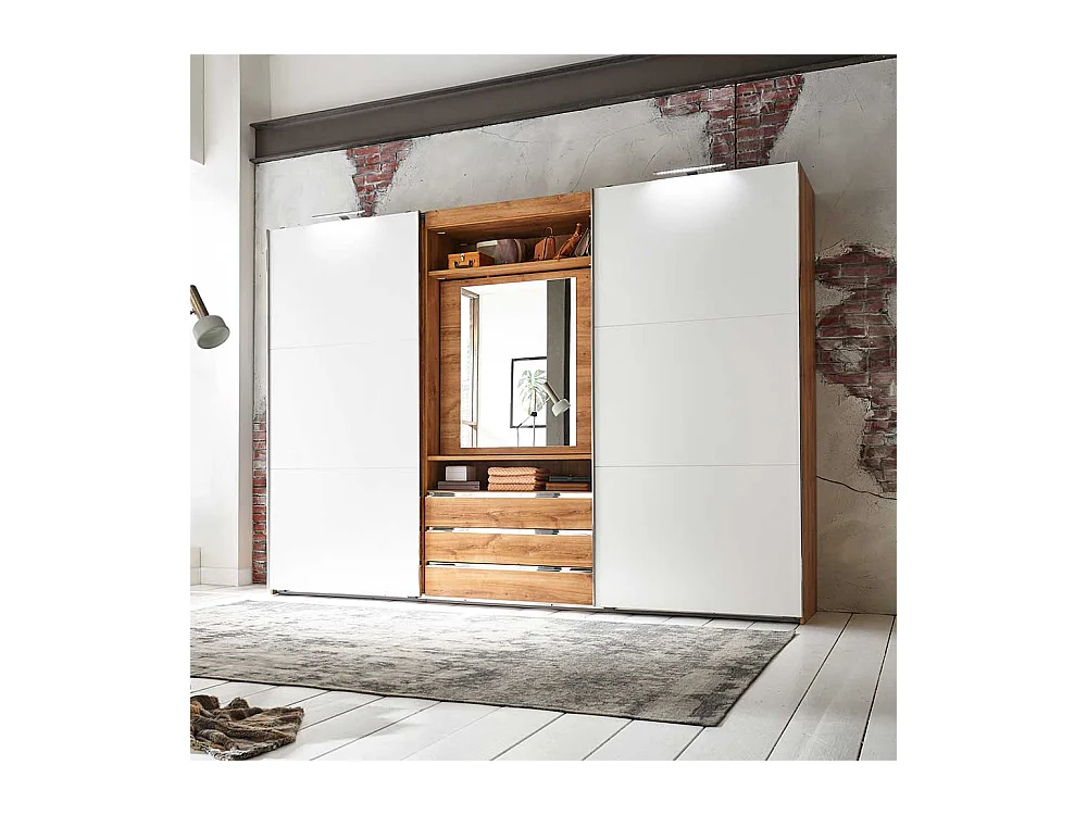 Moderner Funktions Kleiderschrank in Weiß und Holzoptik Plankeneiche Spiegel innen
