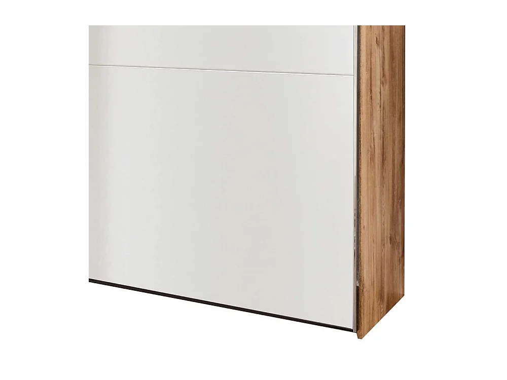 Moderner Funktions Kleiderschrank in Weiß und Holzoptik Plankeneiche Spiegel innen