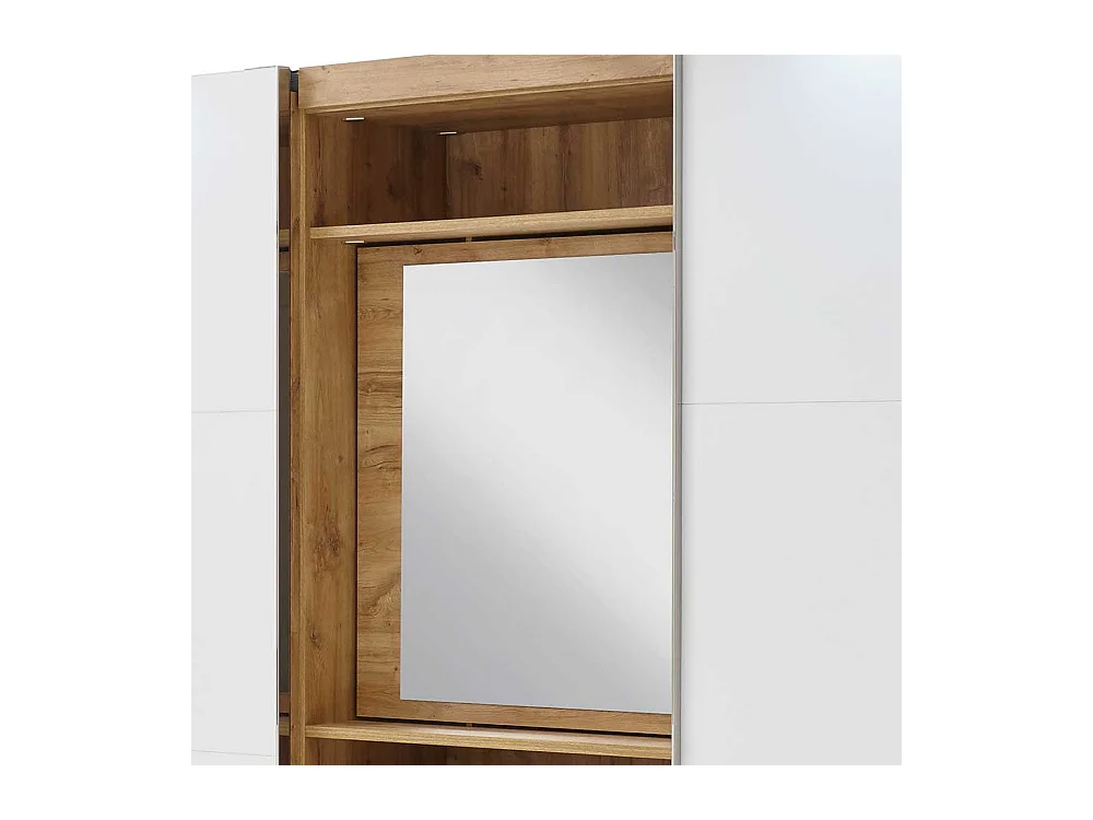 Moderner Funktions Kleiderschrank in Weiß und Holzoptik Plankeneiche Spiegel innen