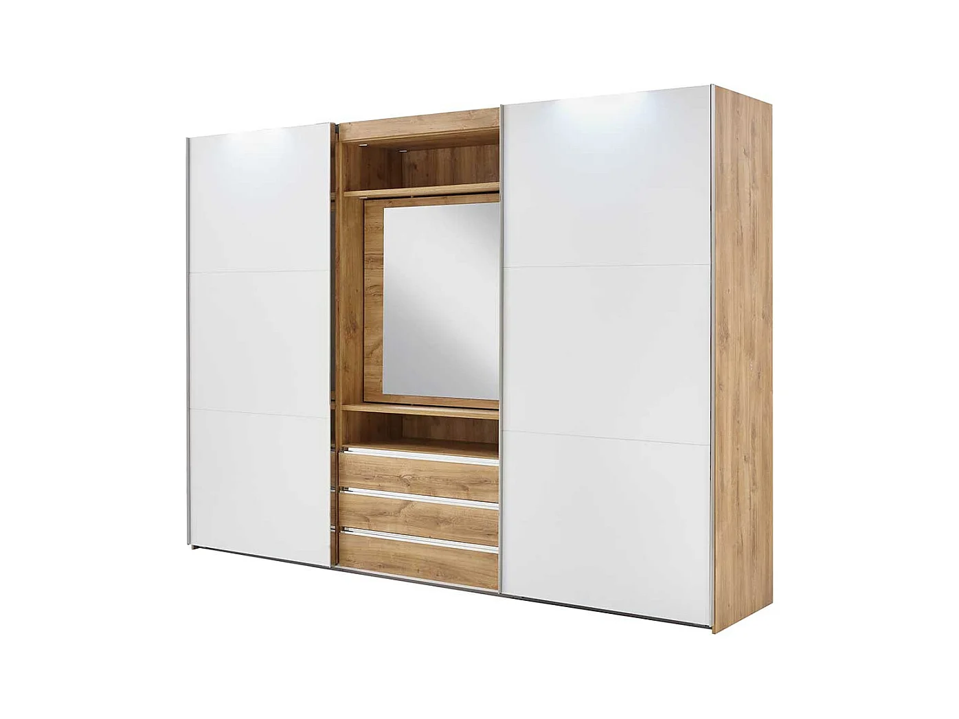 Moderner Funktions Kleiderschrank in Weiß und Holzoptik Plankeneiche Spiegel innen