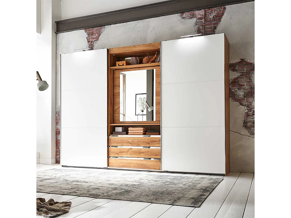 Moderner Funktions Kleiderschrank in Weiß und Holzoptik Plankeneiche Spiegel innen