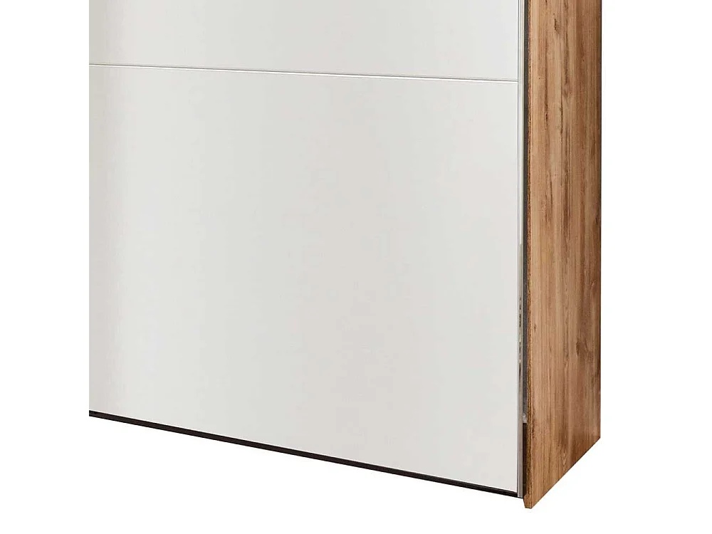 Moderner Funktions Kleiderschrank in Weiß und Holzoptik Plankeneiche Spiegel innen