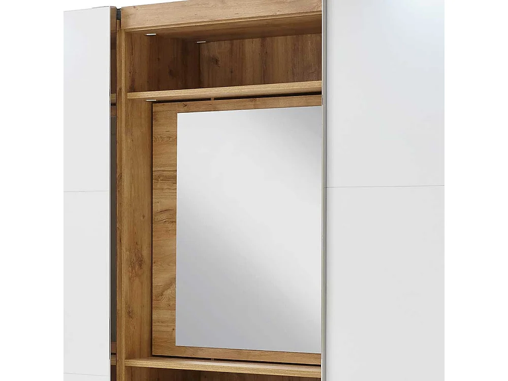 Moderner Funktions Kleiderschrank in Weiß und Holzoptik Plankeneiche Spiegel innen