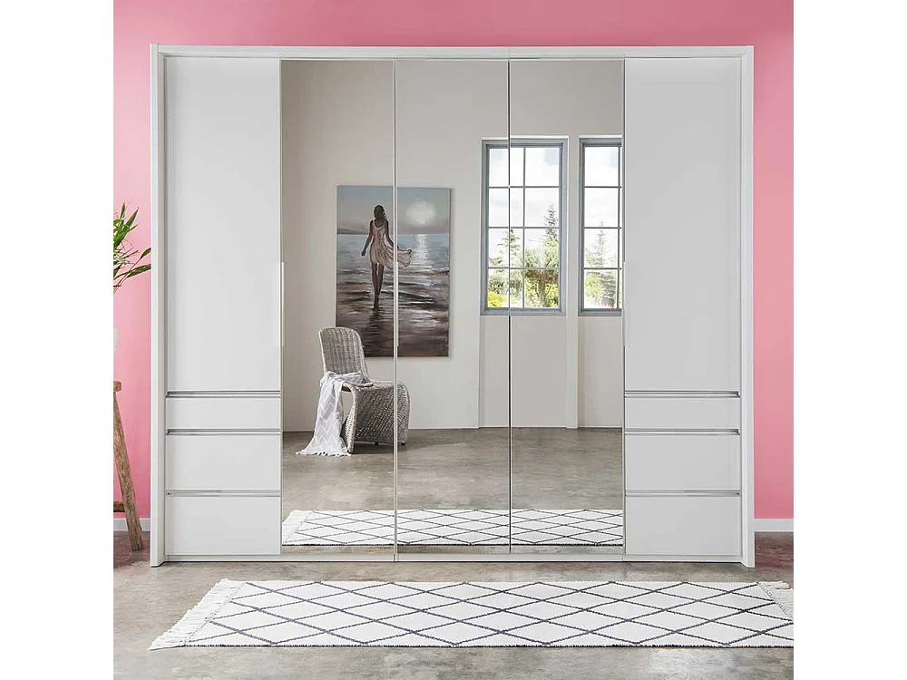 Spiegeltüren Kleiderschrank in Weiß sechs Selbsteinzug Schubladen