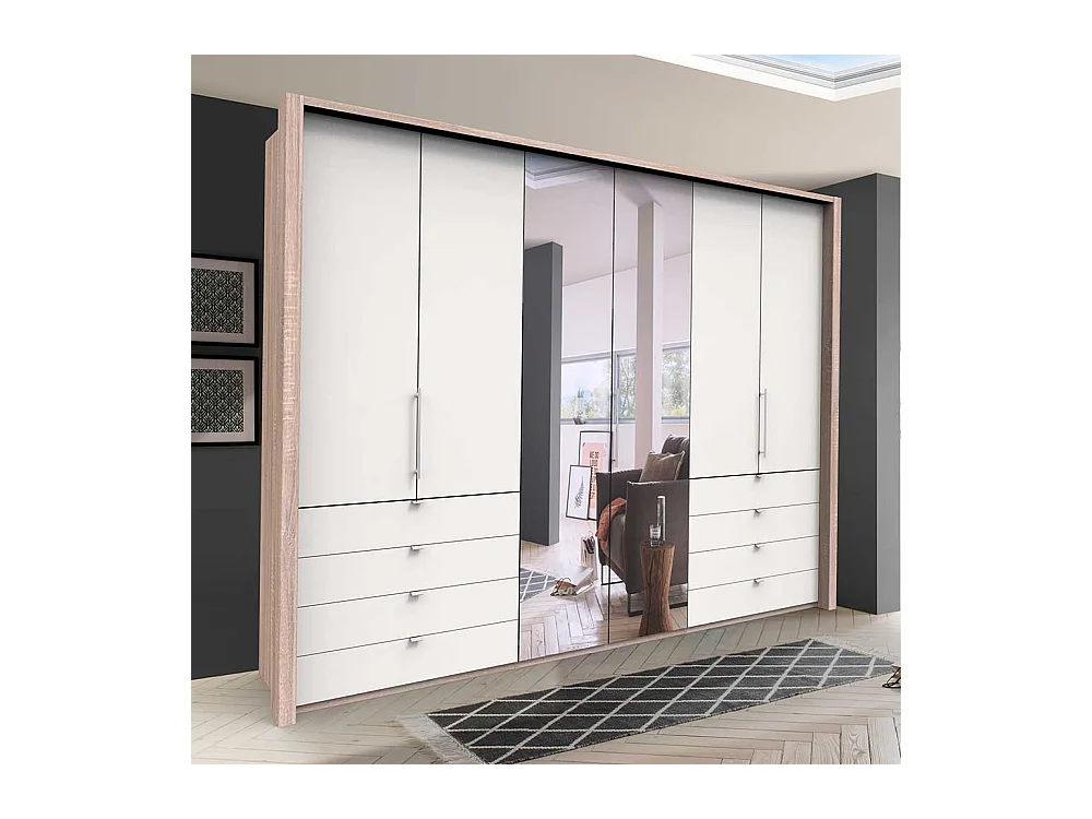 Gleittüren Kleiderschrank mit acht Schubladen und Spiegel Weiß Eiche Sägerau