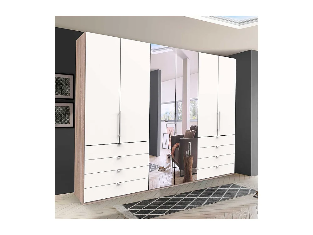 Gleittüren Kleiderschrank mit acht Schubladen und Spiegel Weiß Eiche Sägerau