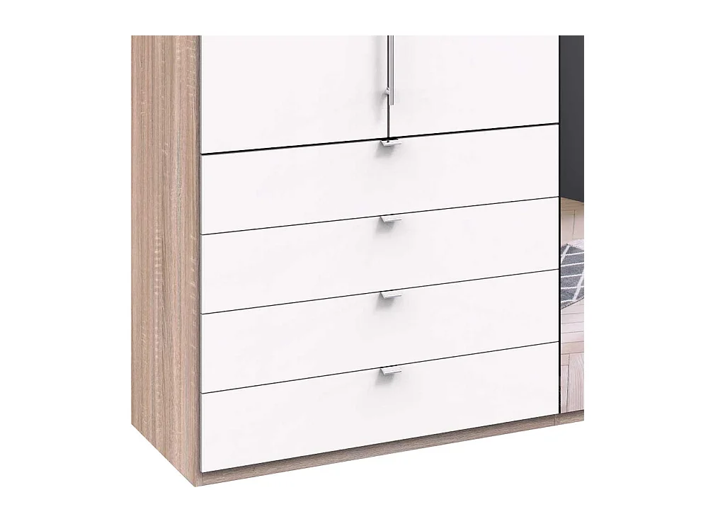 Gleittüren Kleiderschrank mit acht Schubladen und Spiegel Weiß Eiche Sägerau