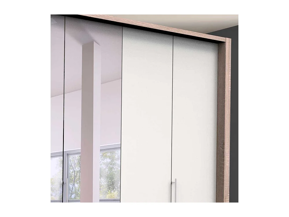Gleittüren Kleiderschrank mit acht Schubladen und Spiegel Weiß Eiche Sägerau