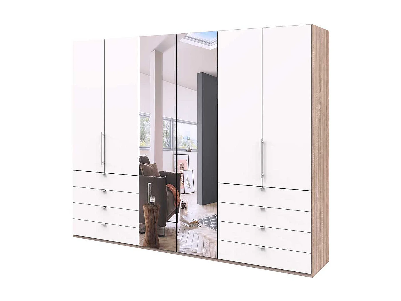 Gleittüren Kleiderschrank mit acht Schubladen und Spiegel Weiß Eiche Sägerau