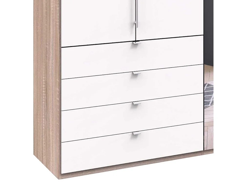 Gleittüren Kleiderschrank mit acht Schubladen und Spiegel Weiß Eiche Sägerau