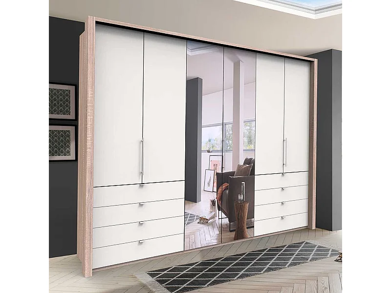 Gleittüren Kleiderschrank mit acht Schubladen und Spiegel Weiß Eiche Sägerau