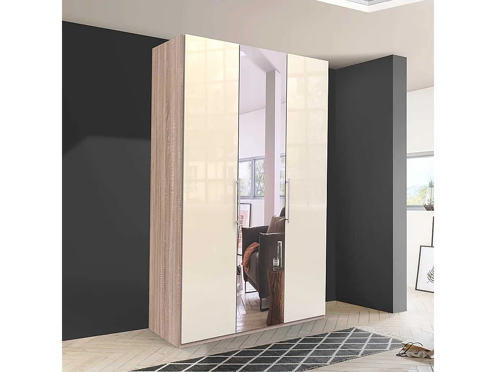 Kleiderschrank Jugendzimmer mit Falttüren und Spiegel Cremefarben Eiche Sägerau