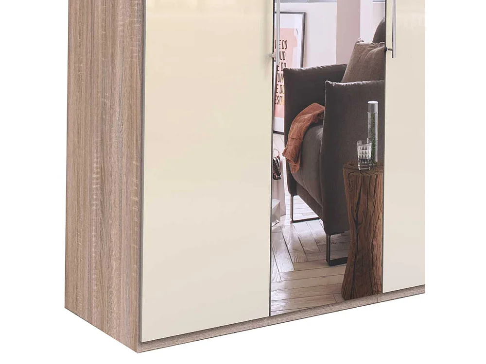 Kleiderschrank Jugendzimmer mit Falttüren und Spiegel Cremefarben Eiche Sägerau