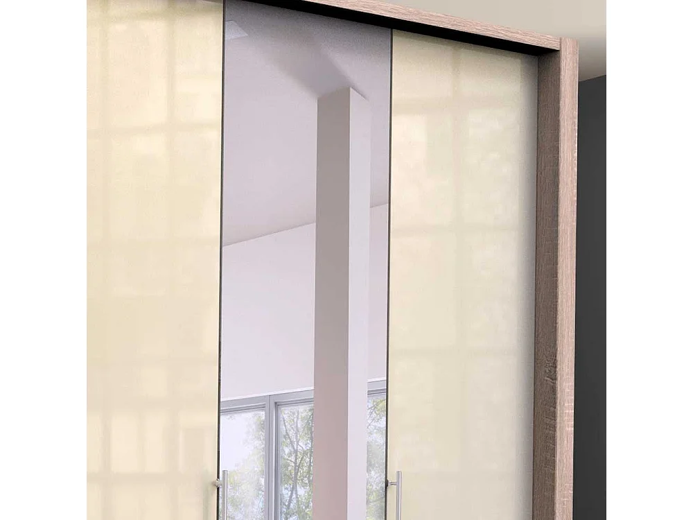 Kleiderschrank Jugendzimmer mit Falttüren und Spiegel Cremefarben Eiche Sägerau