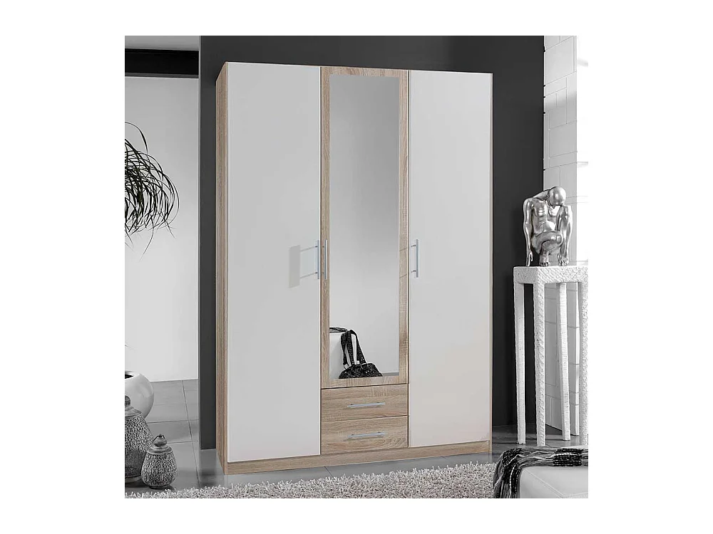 Schlafzimmerschrank zweifarbig in Eiche Sägerau und Weiß Spiegeltür