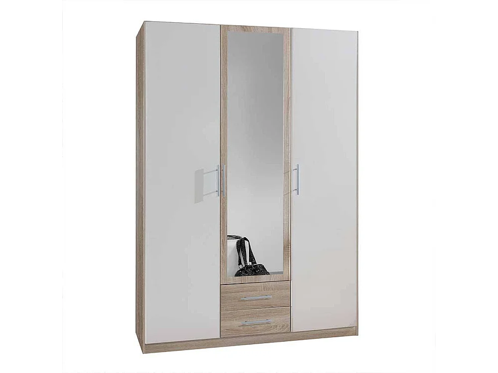 Schlafzimmerschrank zweifarbig in Eiche Sägerau und Weiß Spiegeltür