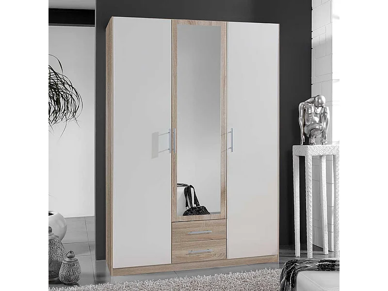 Schlafzimmerschrank zweifarbig in Eiche Sägerau und Weiß Spiegeltür