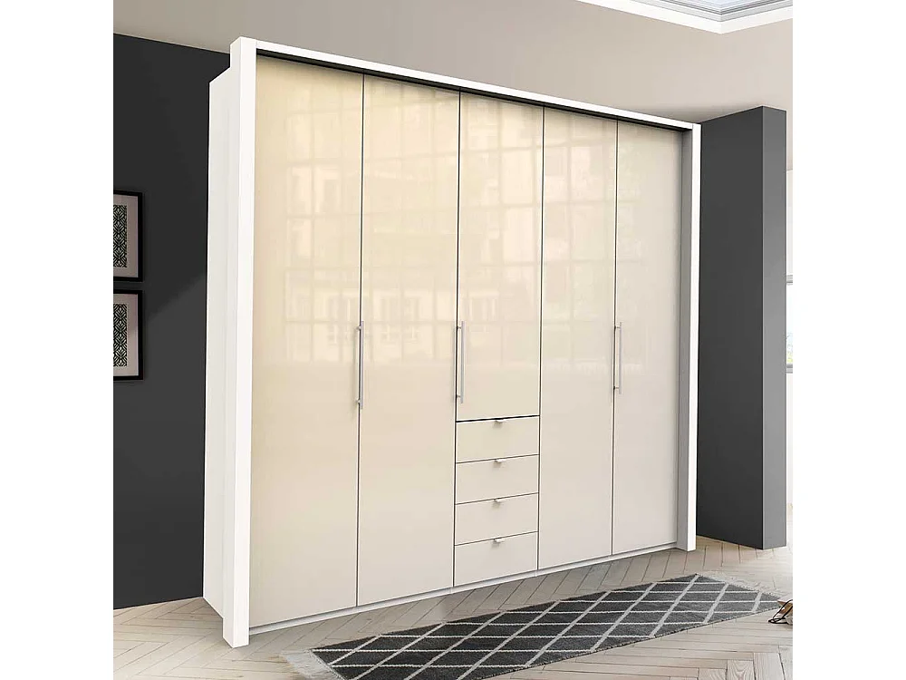 Design Schlafzimmerschrank in Creme Weiß Glas beschichtet Falttüren