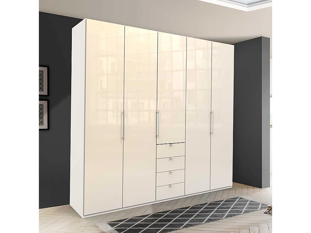 Design Schlafzimmerschrank in Creme Weiß Glas beschichtet Falttüren
