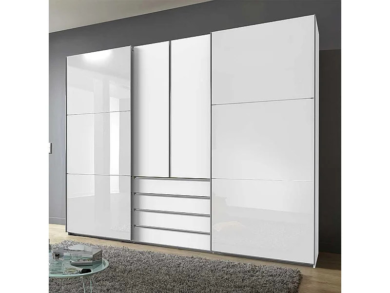 Weißer Schlafzimmerschrank groß mit Dreh- und Schiebetüren vier Schubladen