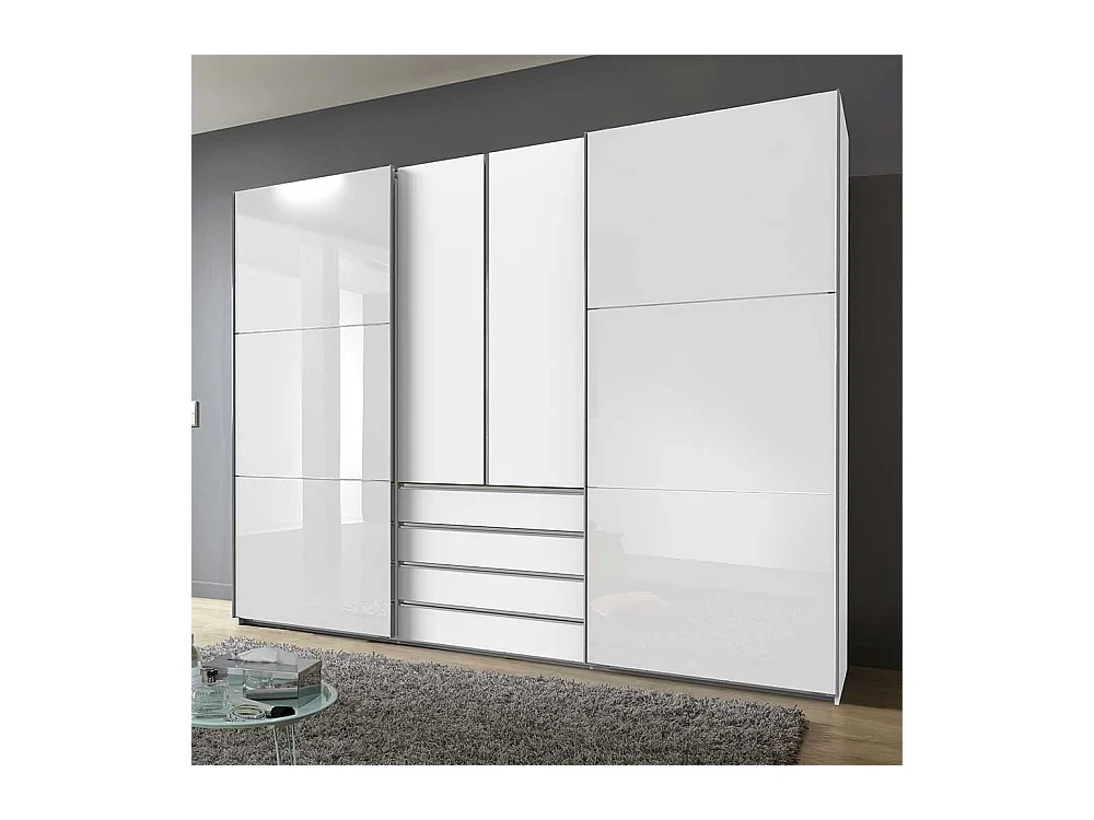 Weißer Schlafzimmerschrank groß mit Dreh- und Schiebetüren vier Schubladen