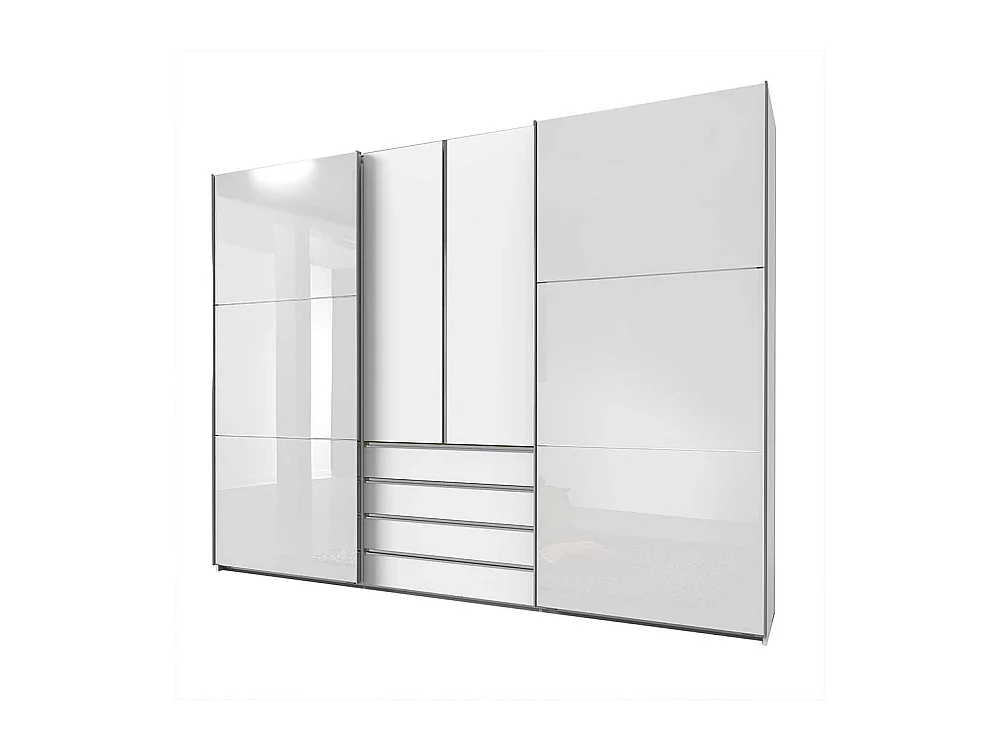 Weißer Schlafzimmerschrank groß mit Dreh- und Schiebetüren vier Schubladen