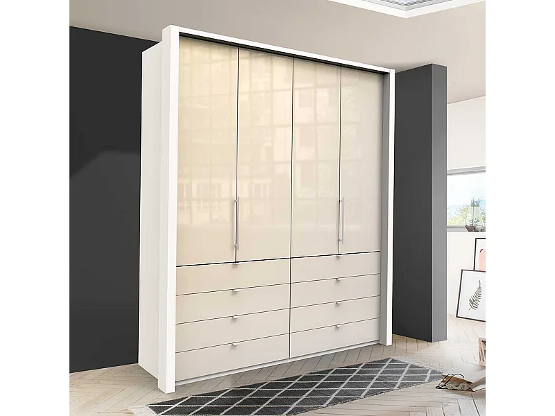 Jugend Kleiderschrank in Creme Weiß Glas beschichtet Falttüren und Schubladen
