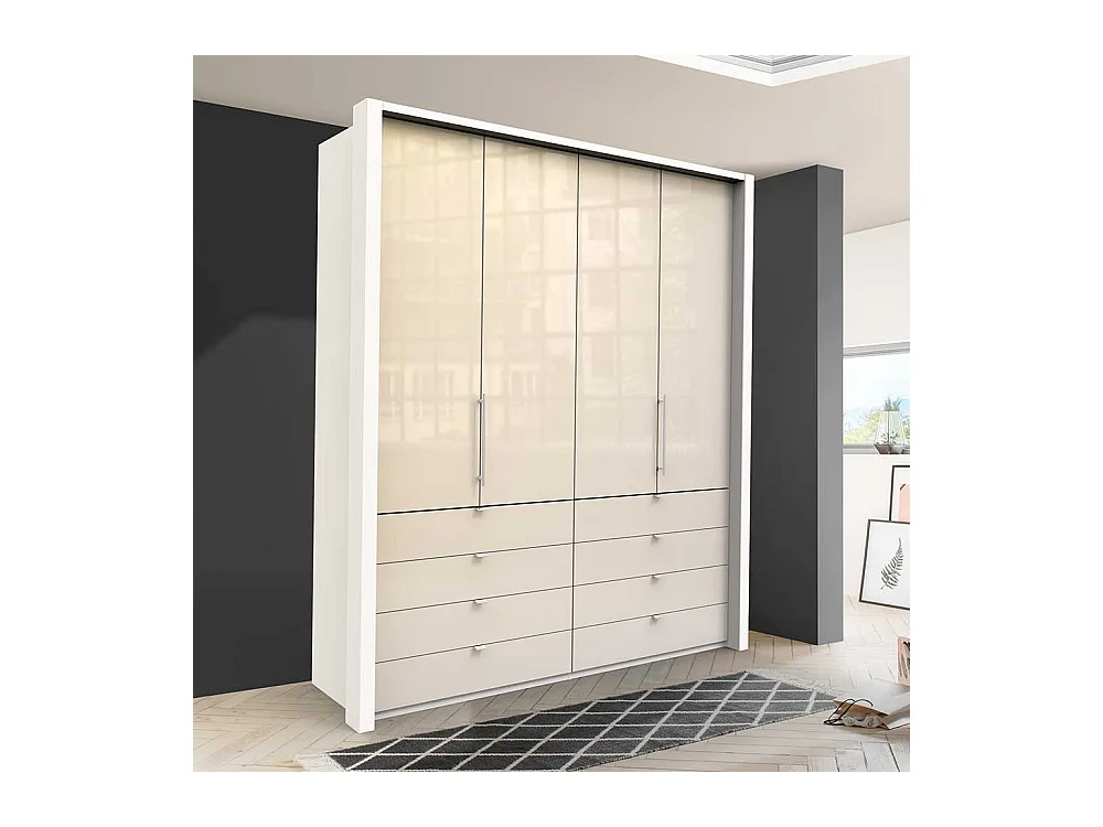 Jugend Kleiderschrank in Creme Weiß Glas beschichtet Falttüren und Schubladen