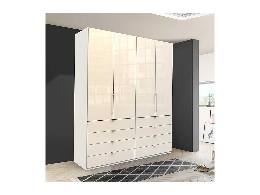 Jugend Kleiderschrank in Creme Weiß Glas beschichtet Falttüren und Schubladen