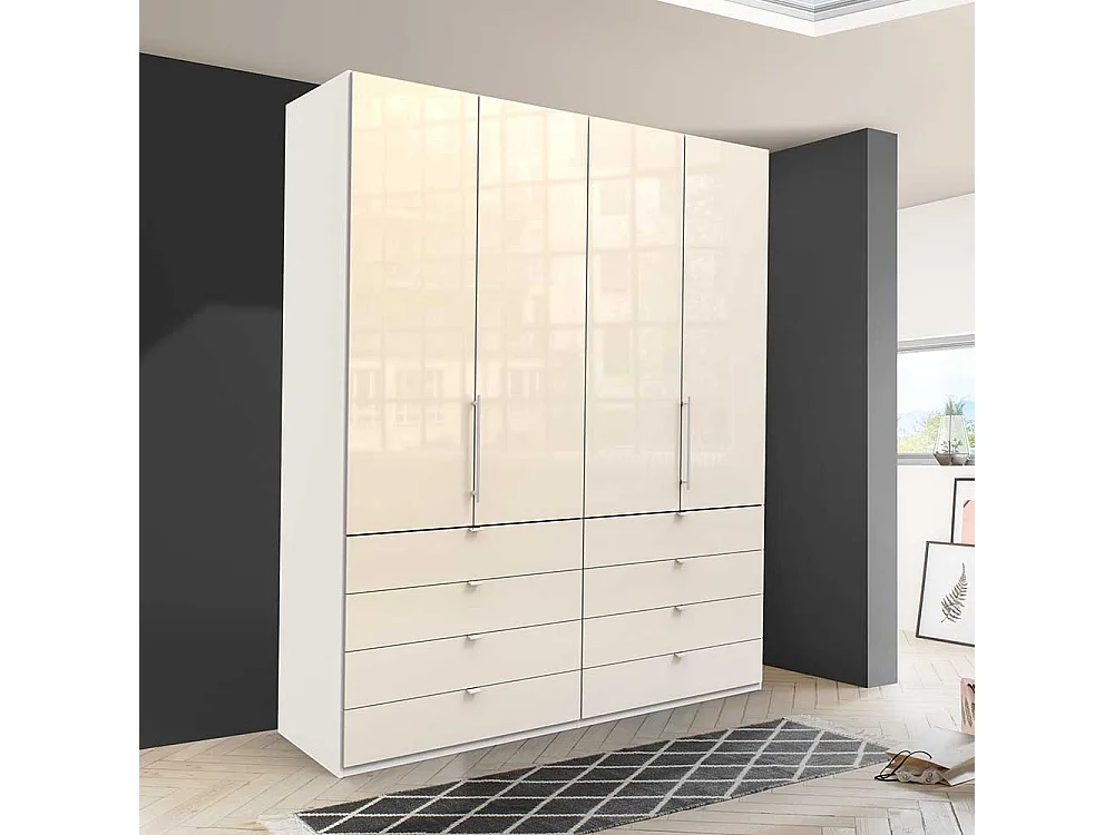 Jugend Kleiderschrank in Creme Weiß Glas beschichtet Falttüren und Schubladen