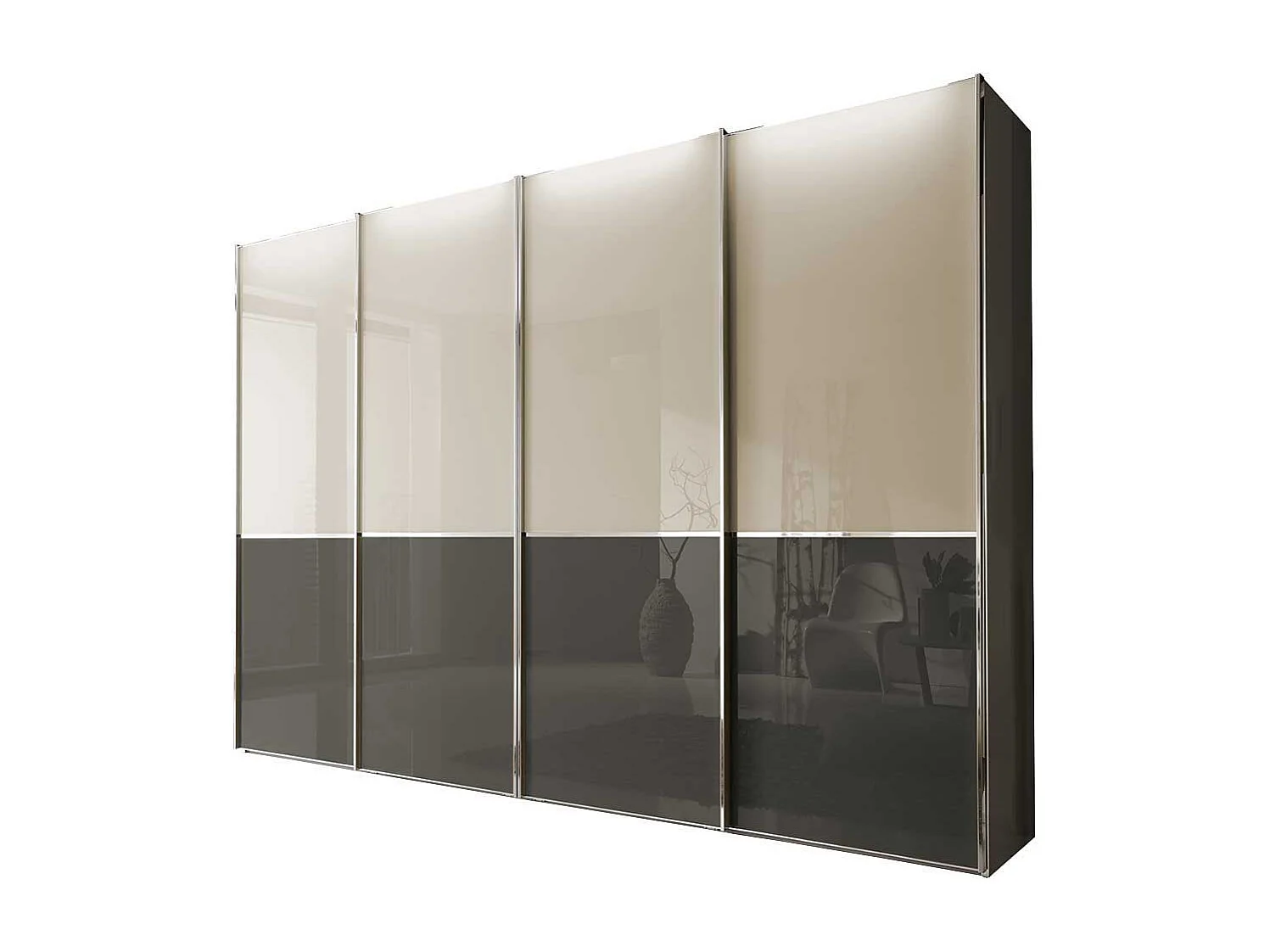 4 türiger Schwebetürenschrank in Creme Weiß und Braun 330 cm breit