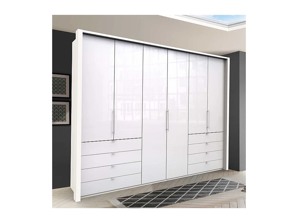 Falttüren Schlafzimmerschrank in Weiß Glas beschichtet acht Schubladen