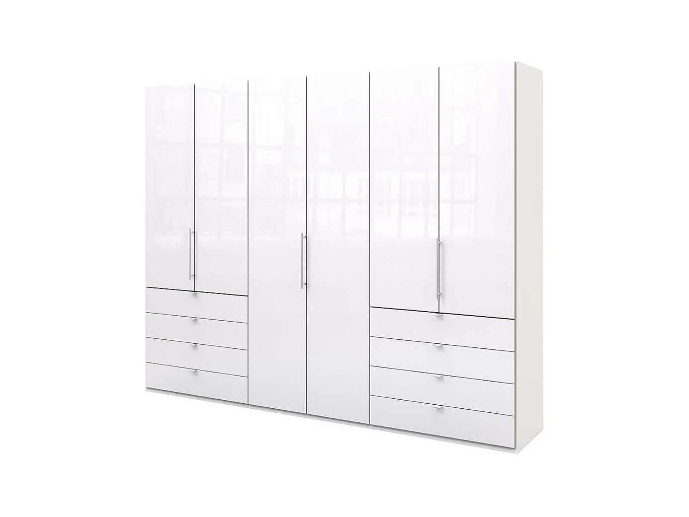 Falttüren Schlafzimmerschrank in Weiß Glas beschichtet acht Schubladen